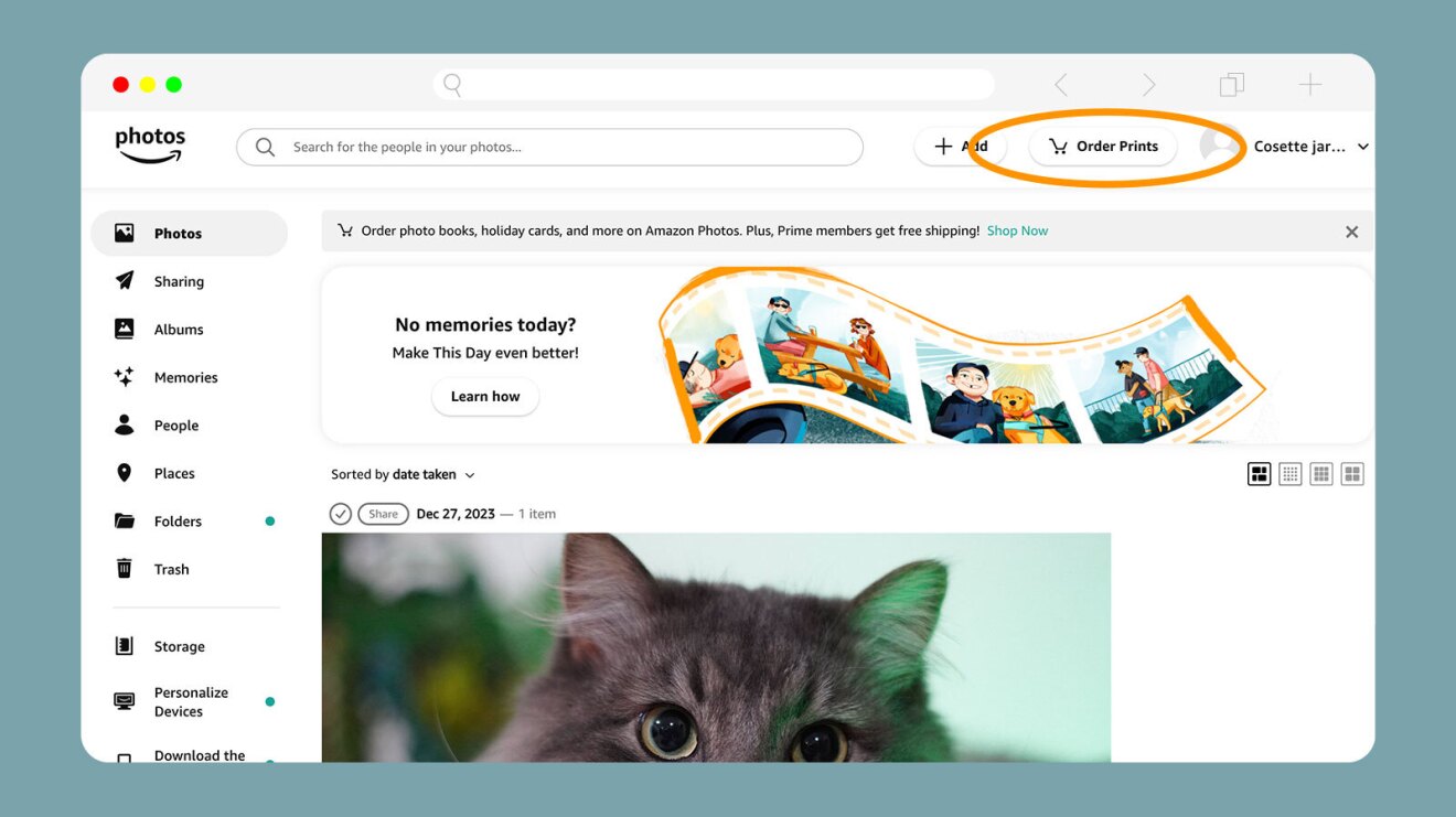 A screenshot showing where to click to order prints in Amazon Photos on your desktop device.
