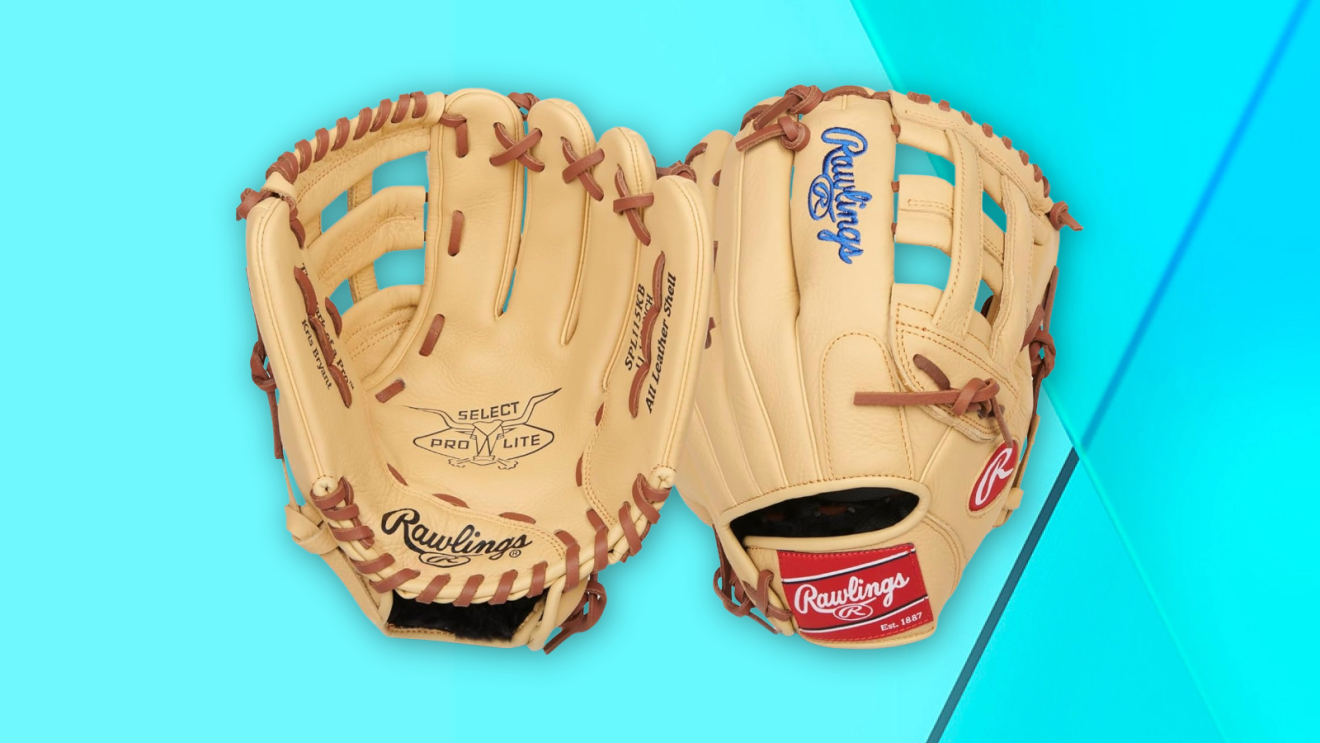 Two Rawlings Pro Lite baseball gloves in caramel leather with brown lacing displayed on turquoise background