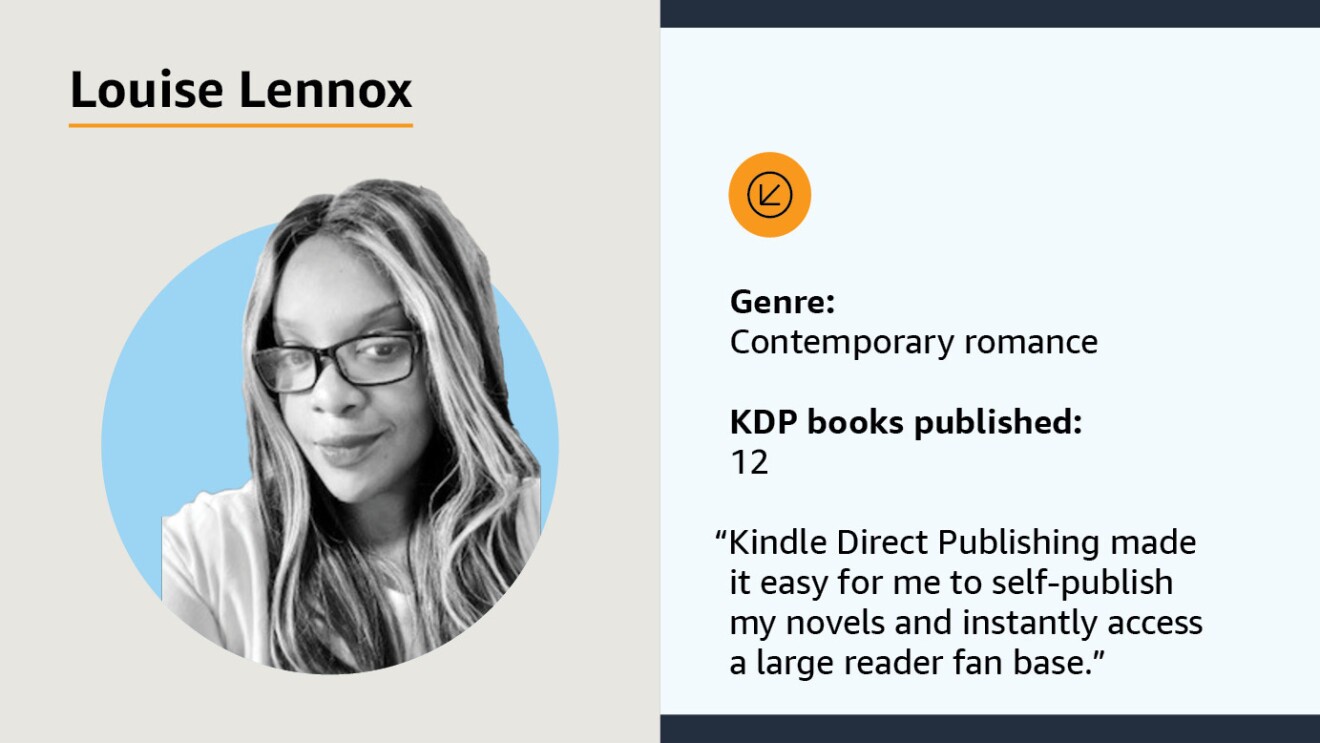 An illustrated author bio card with an image of Louise Lennox and text that reads:
"Name: Louise Lennox
Genre: Contemporary romance
KDP books published: 12
âKindle Direct Publishing made it easy for me to self-publish my novels and instantly access a large reader fan base.â