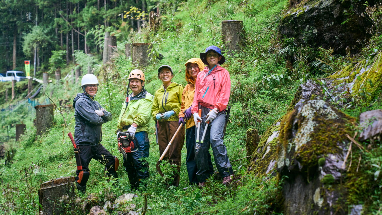 Five people in colorful rain jackets and hard hats, holding forestry tools, smile for the camera on a lush green hillside dotted with tree stumps in a misty forest.