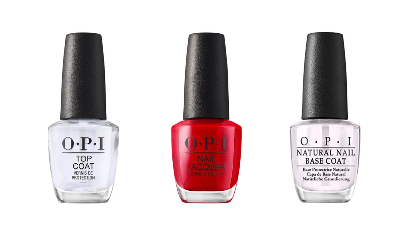 An image of three nail polishes from OPI, two are clear as base coats and top coats, and the one in the middle is bright red.