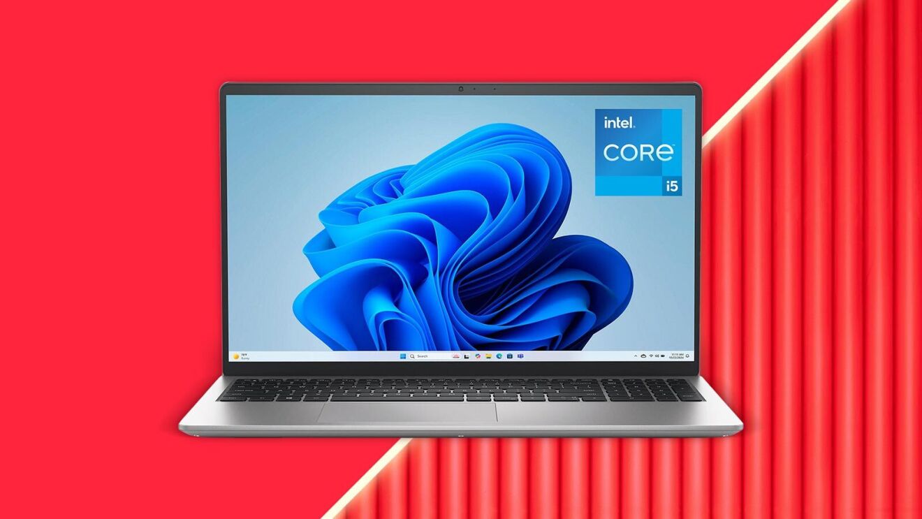 Laptop displaying Windows 11 with Intel Core i5 logo on red background