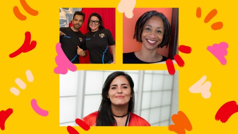 各种亚马逊领导人的拼贴画,背景是彩色的黄色、橙色、红色和粉色。