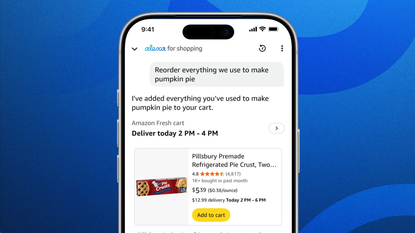 Amazon's Alexa for Shopping interface adding Pillsbury pie crust to cart with same-day delivery option