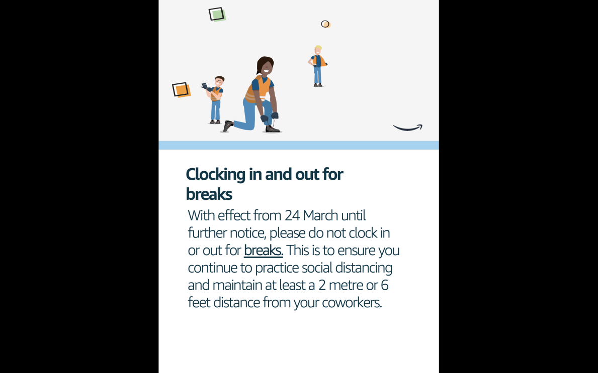 A poster for employees outlining the new policy for clocking in and out for breaks.