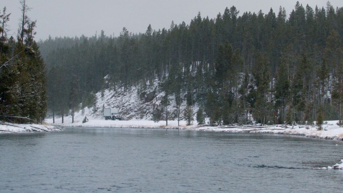 An image of Amazon packages getting delivered to Yellowstone National Park in winter.