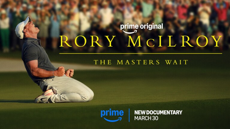 Rory McIlroy celebrates on the Green as he wins the 2025 Masters. The Films title and release date is also shown 