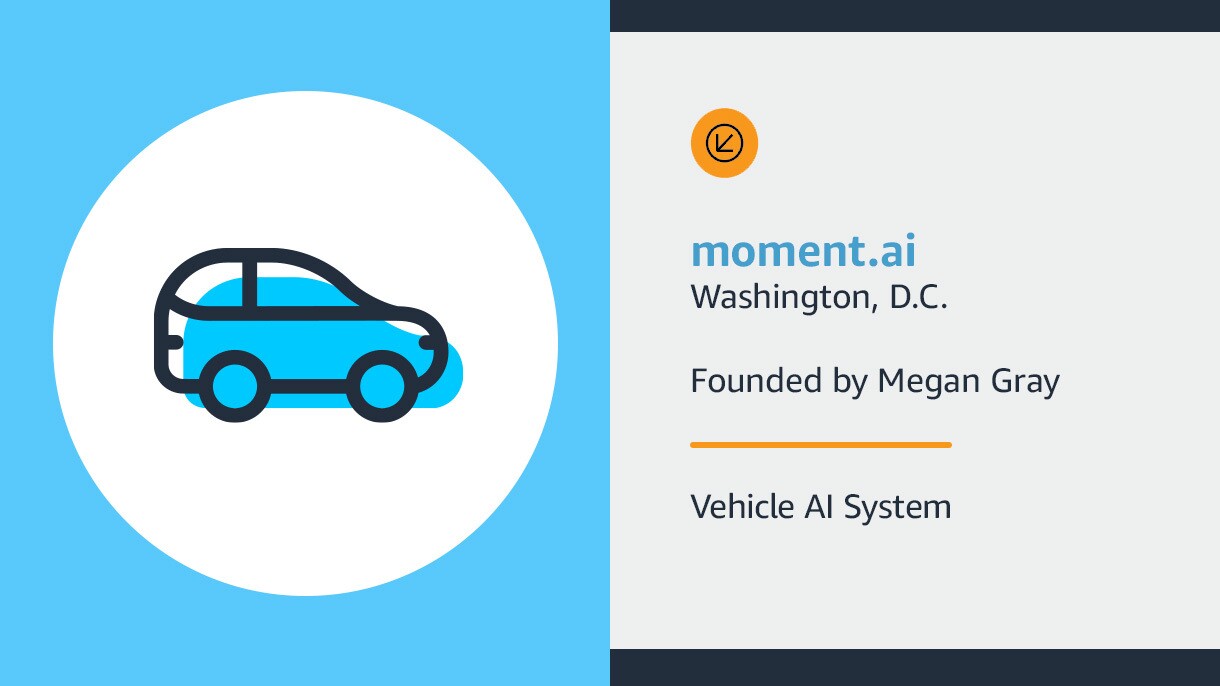 一张写着“时刻”的信息卡。ai”,“华盛顿特区”,“由梅根·格雷创立”,“车辆ai系统”,左边有一个汽车图标。