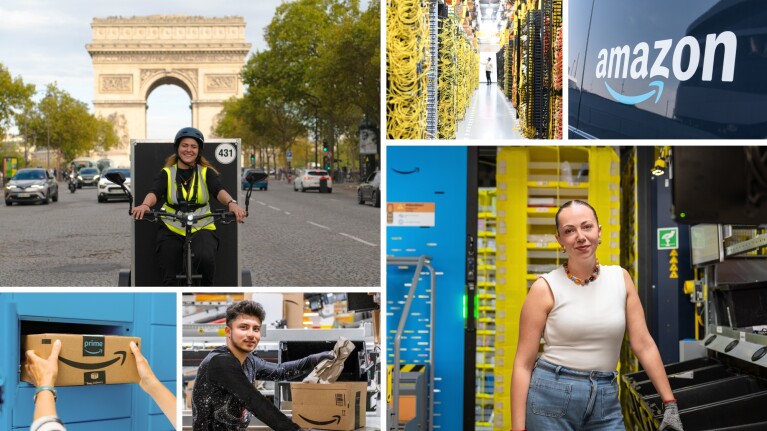 Collage of Amazon employees in various roles: delivery person in Paris, warehouse workers with packages, and operations manager in fulfillment center