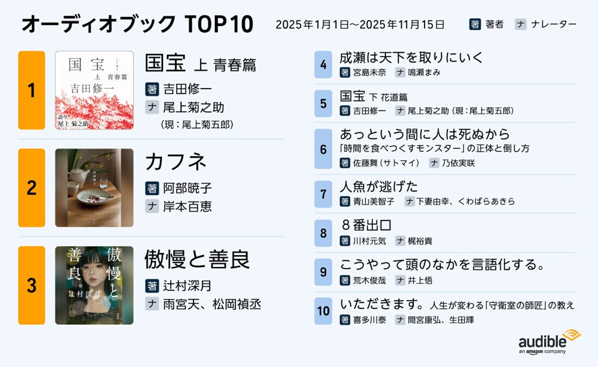 白に近い水色背景に、「オーディオブック TOP 10」「2025年1月1日~2025年11月15日」の見出し。見出しの下に「国宝」や「カフネ」「傲慢と善良」などの書籍タイトルとジャケット画像が配置されている。