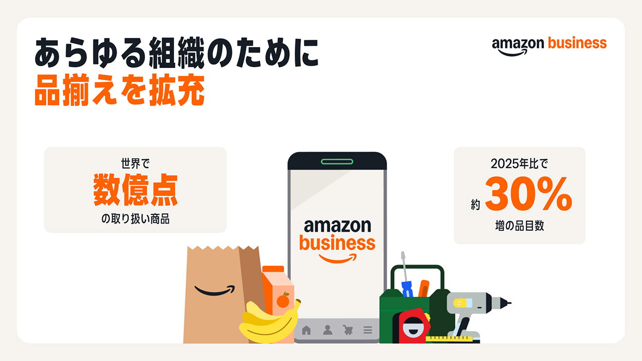 Prime Businessのイラストスライド。「あらゆる組織のために品揃えを拡充」というタイトルの下にスマホ画面と多様な商品のイラスト