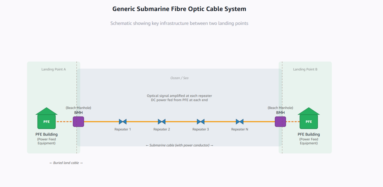 Schematic diagram of a submarine communications cable system. Two landing points (A and B) at each end each contain a green "PFE Hut (Power Feed Equipment)" building connected through a purple "BMH (Beach Manhole)" to a submarine cable crossing the ocean. Four inline repeaters (Repeater 1, 2, 3, and N) sit along the orange cable. Labels note that the optical signal is amplified at each repeater and DC power is fed from the PFE at each end.