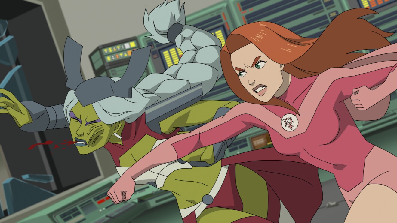 Invinvible from Prime Video: Animated superhero duo in action poses aboard futuristic spaceship
