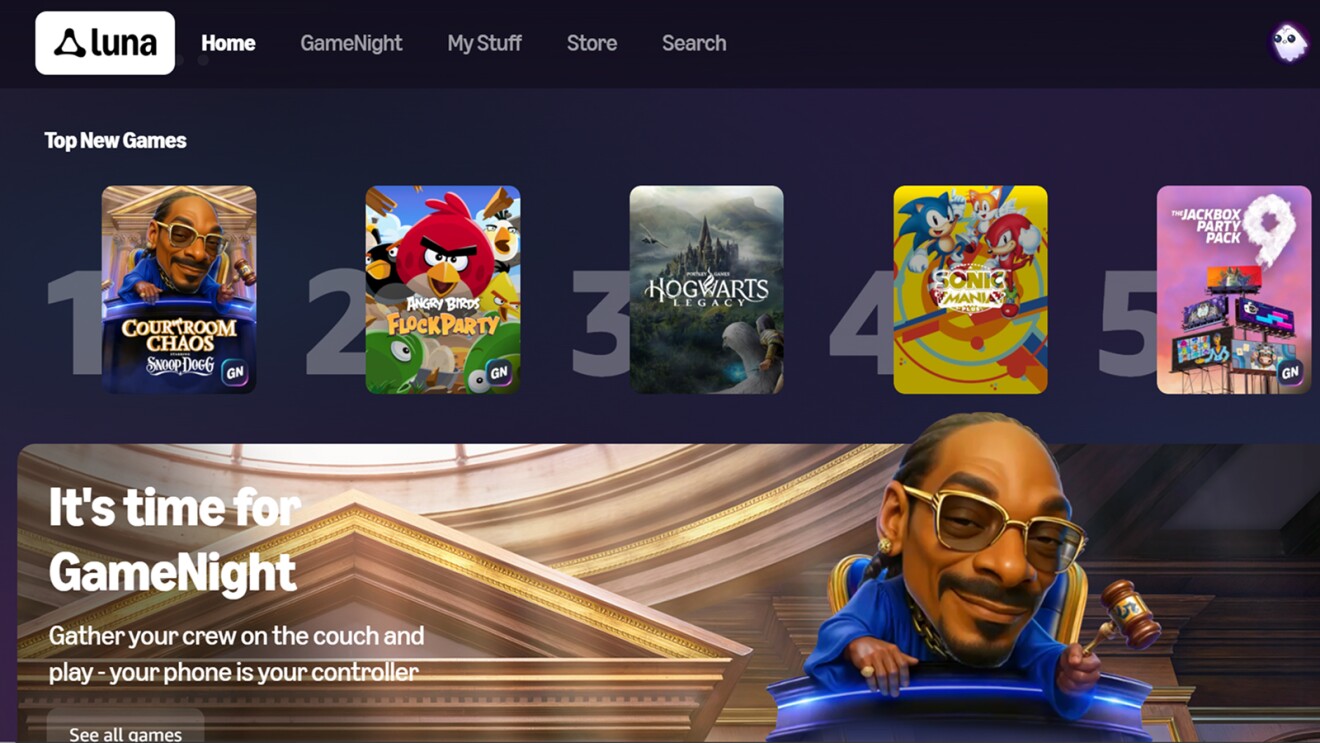 Amazon Luna Home Page featuring top games and Snoop Dog 