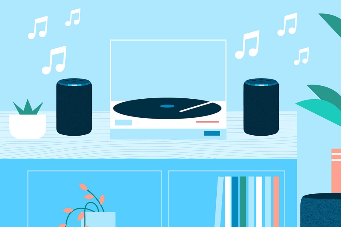 An illustrated image of a record player with two Amazon Echo devices, one on each side. 