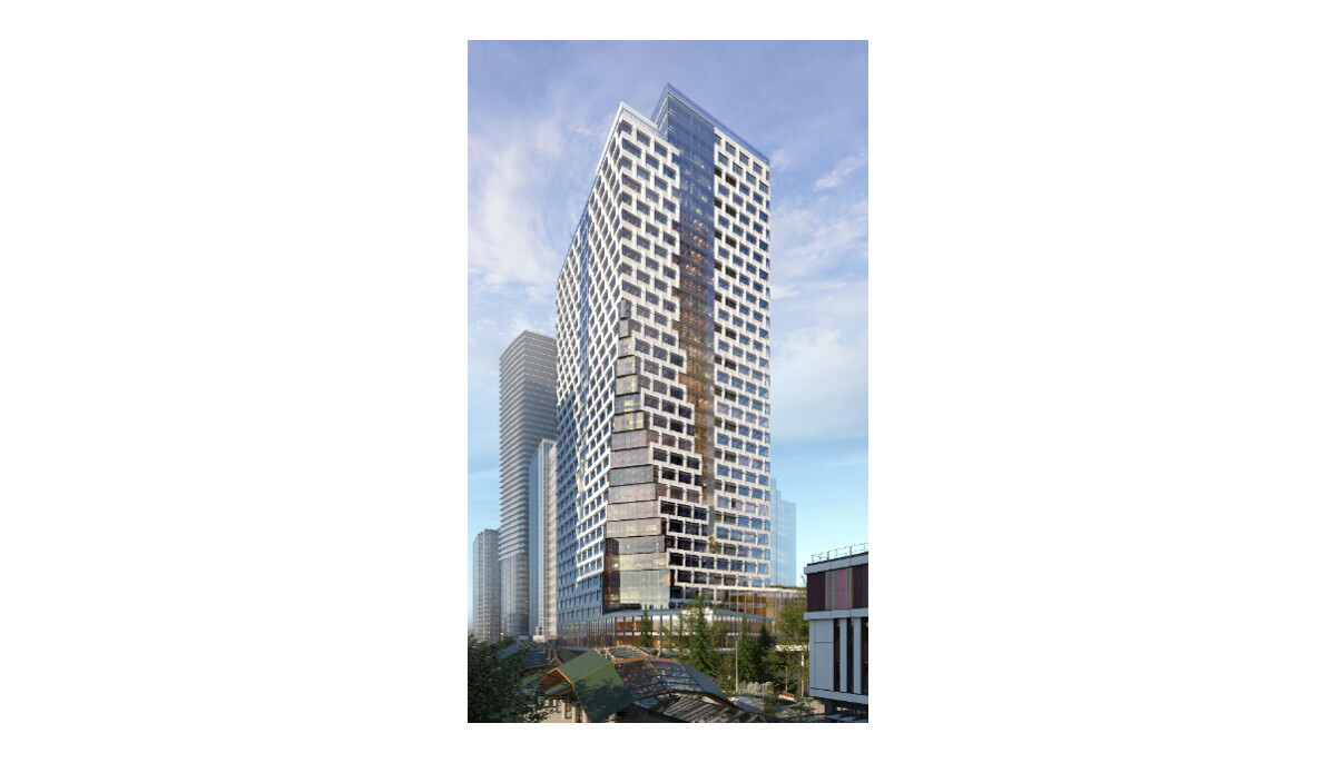 Architectural renderings of a new Amazon office building to be built in Bellevue, Washington.
