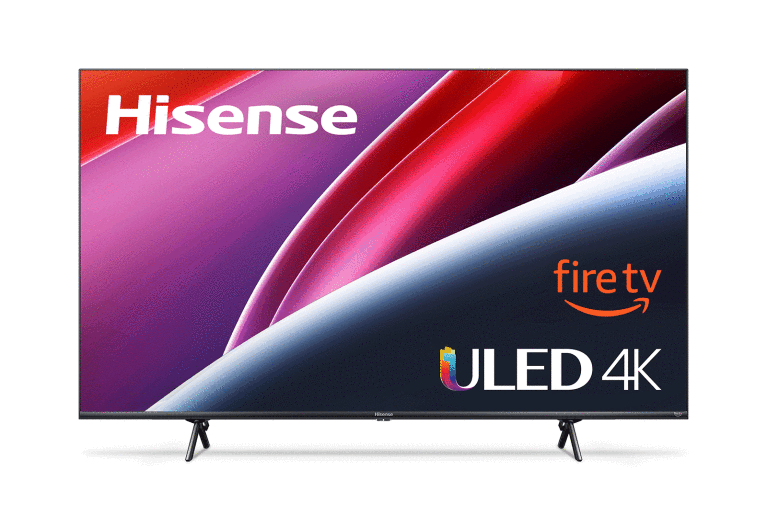 An image of a TV screen. On the screen you see a colorful background as well as logos for Fire TV, ULED 4K, and Hisense. 