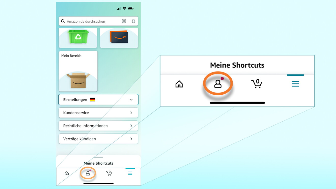 Screenshots der Amazon App mit Kontensymbol.