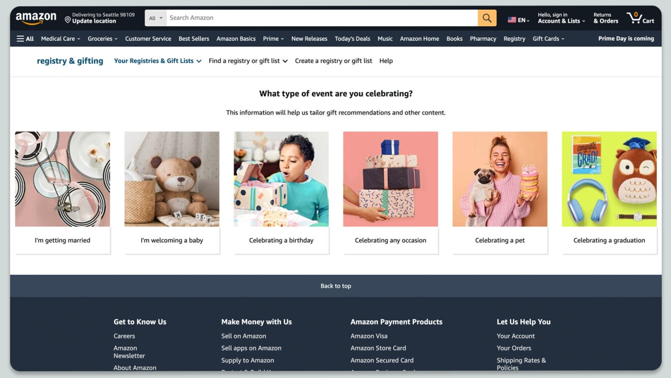 Registry & gifting opened on Amazon.com prompting the user to choose the type of event they are celebrating