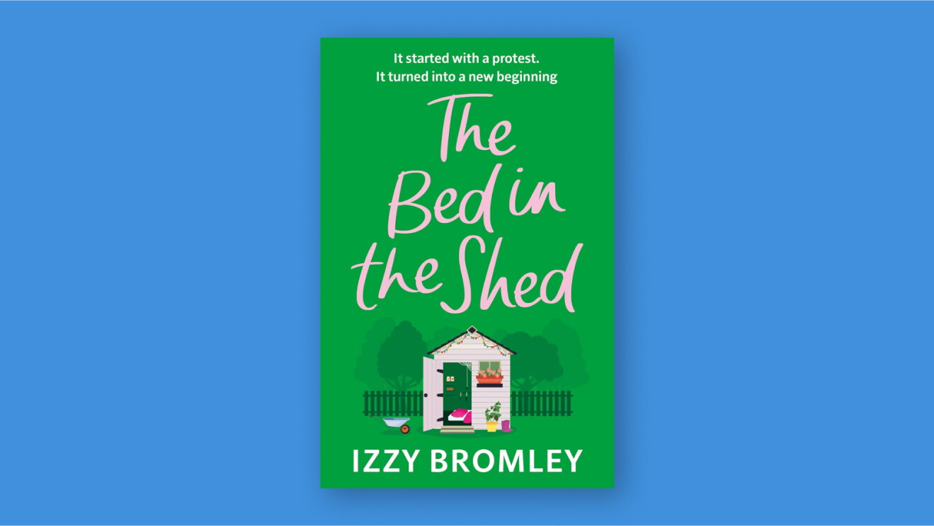 Book cover for The Bed in the Shed, showing a pink, illustrated garden shed against a solid green background