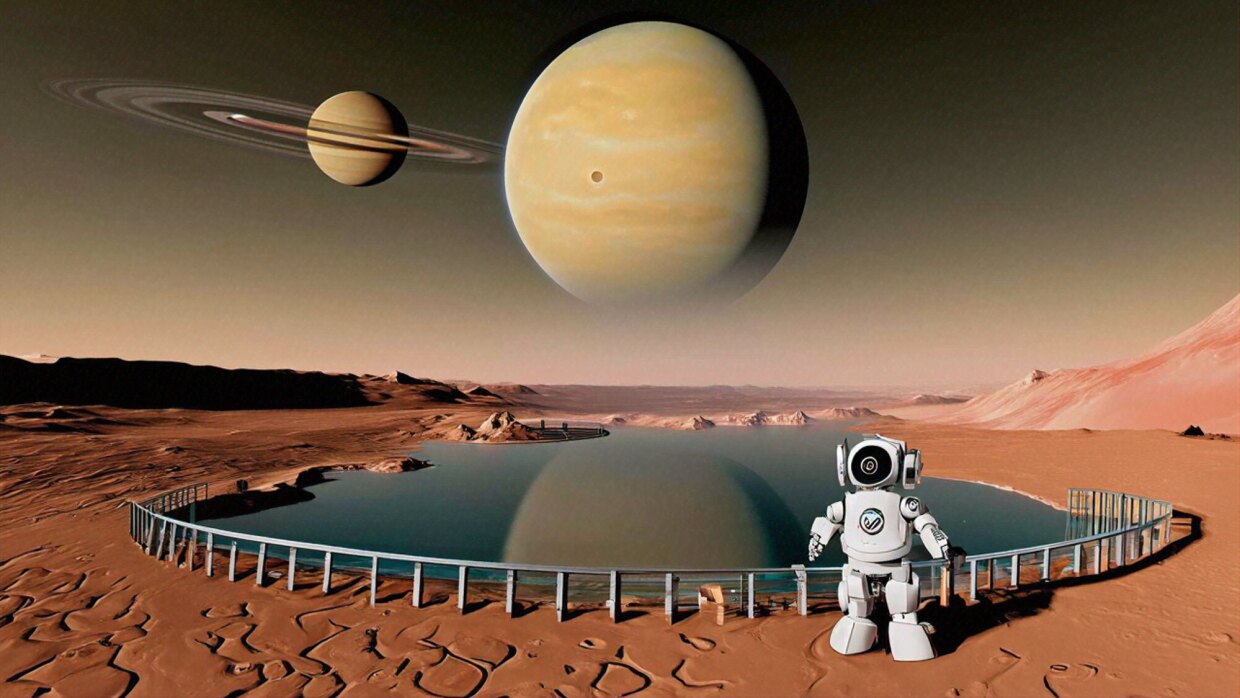Imagen realiza con realidad virtual de un robot en un planeta que no es la tierra y al lado de un lago de agua.