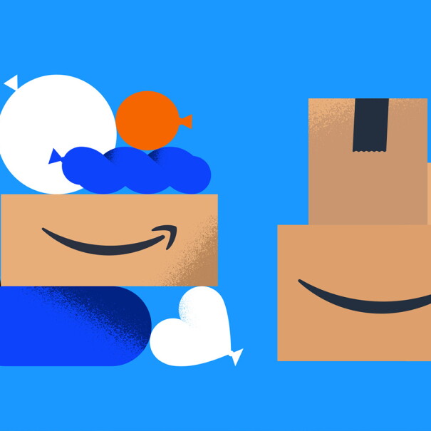 An illustrated image showing Amazon boxes stacked with balloons in different shapes around them.