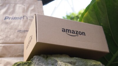 亚马逊包放置在一块岩石的球体建筑'一天包。