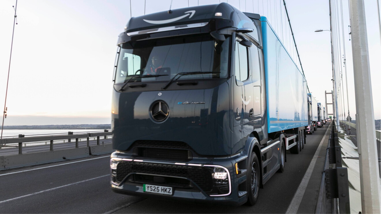 Mercedes-Benz electric truck on a bridge with Amazon logo