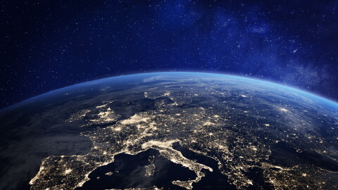 Europe at night from space, city lights, elements from NASA 