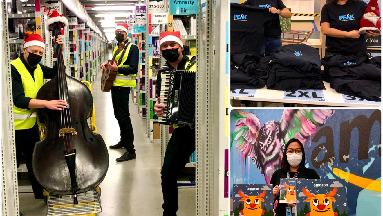 Collage mit Impressionen zur Weihnachtszeit aus dem Amazon Logistikzentrum Graben.
