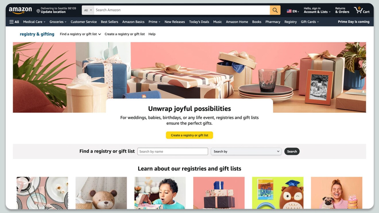 Browser opened to Amazon.com on the registry & gifting page