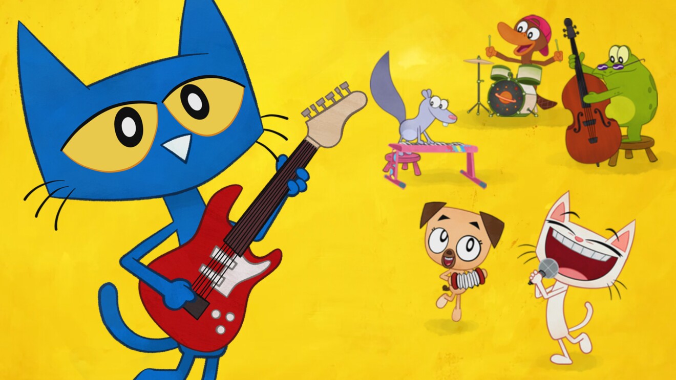 A cartoon cat playing a guitar, with other animals in the background.