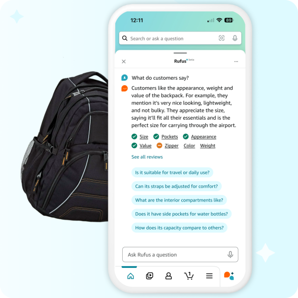 Amazon Rufus highlights a detailed summary of customer reviews on a product (grey backpack)