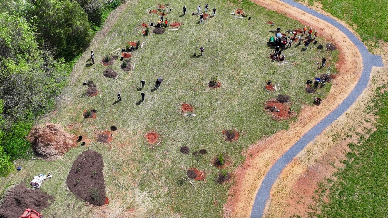 Aerial view of community members working together in a large clearing, with people gathered in groups across the grassy area