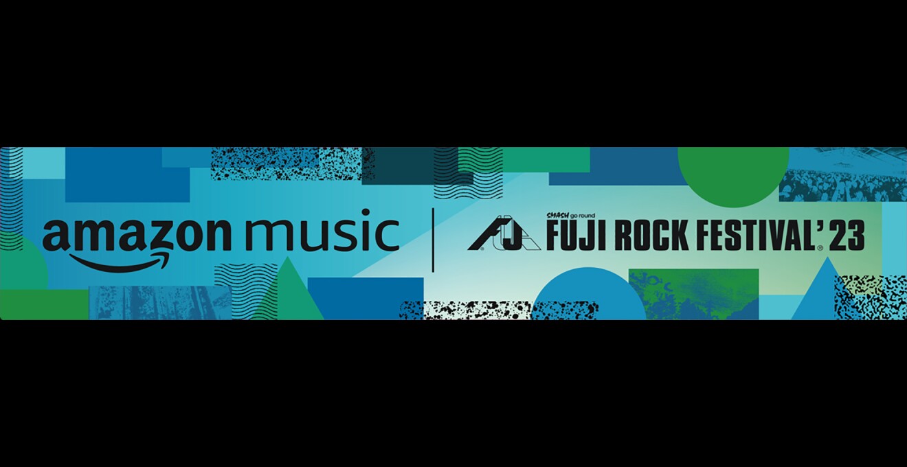 ブルーとグリーンを基調としたFujiRockのロコとAmazon Musicのロゴ