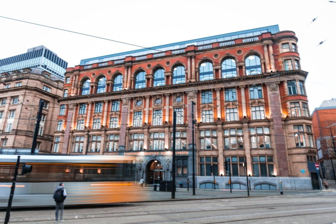 The Hanover Building in Manchester city centre, with ornate Victorian-era architecture and arched windows