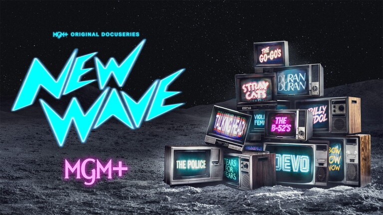 MGM+ Original Docuseries 'New Wave' poster featuring stacked TVs displaying 80s bands like Duran Duran, The Police, and Devo