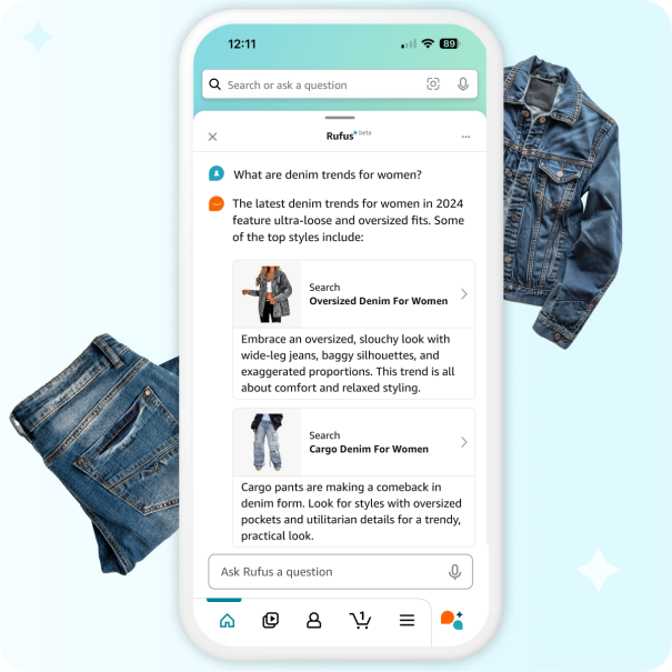 Amazon Rufus provides answers to a customer's question on the newest denim styles for women