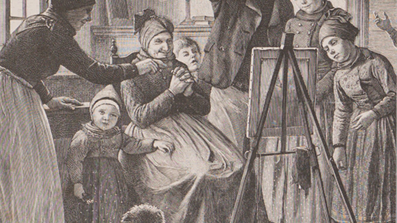 An etching shows a group of adults and children gathered around an easel holding an unseen painting. There is a small dog at the people's feet.