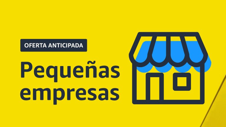 Yellow and blue storefront icon with text that reads "oferta anticipada pequenas empresas"