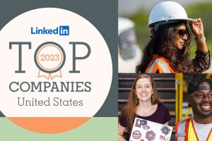 A collage of Amazon employees next to a graphic of the LinkedIn Top Companies in the United States badge.