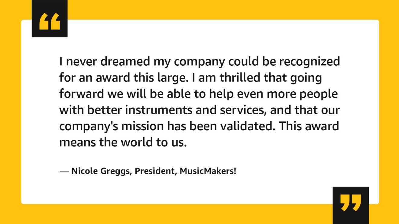 A quote by Nicole Greggs, president of MusicMakers!, displayed in a graphic.