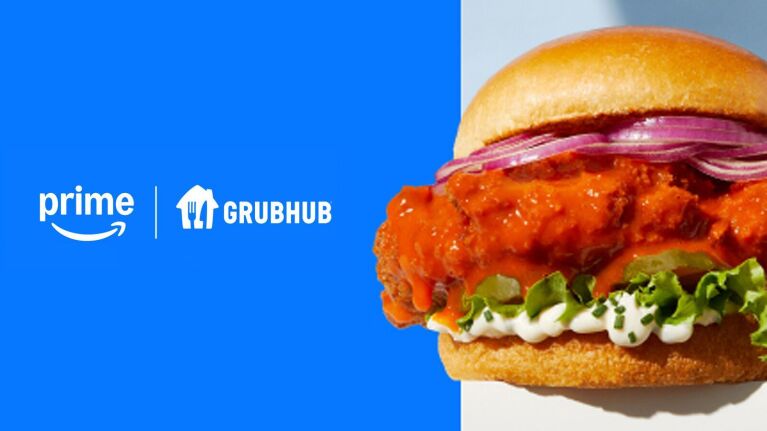 The Amazon Prime and Grubhub logos and an image of a buffalo chicken sandwich