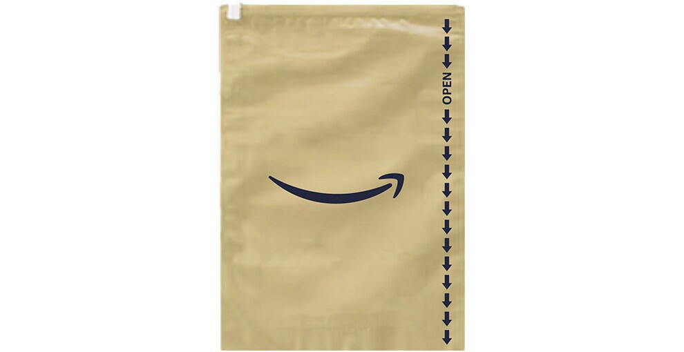 白背景に、ベージュの段ボール色の長方形の袋。中央にAmazonのスマイルロゴが入っている。右側には連続の下向き矢印とOPENの文字。