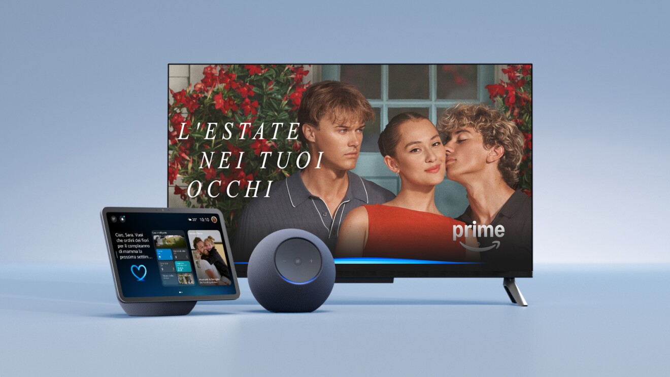 Three Amazon devices that support Alexa+ against a blue blackground