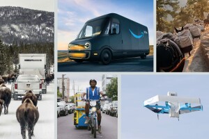 a collage of five different unique amazon delivery methods: a rivian van driving down a road, a man riding an e-cargo bike in new york, a pack of mules crossing a bridge, bison following a truck in yellowstone, and a prime air drone 