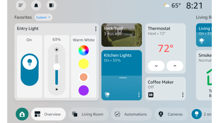 Amazon Echo Smart home dashboard showing controls for entry light, thermostat set to 72 degrees, kitchen lights, and coffee maker