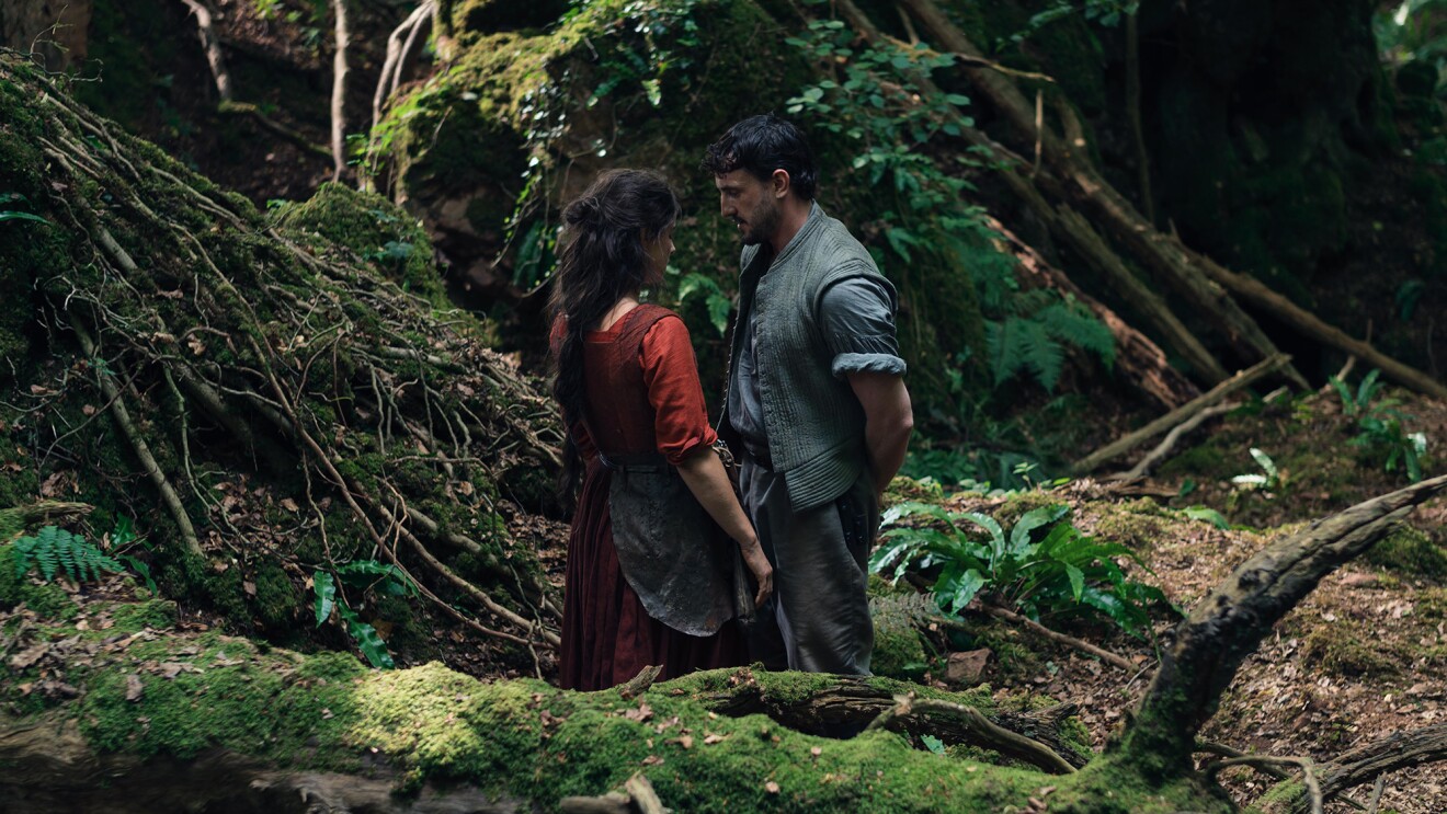 A woman and a man look at each other in a forest