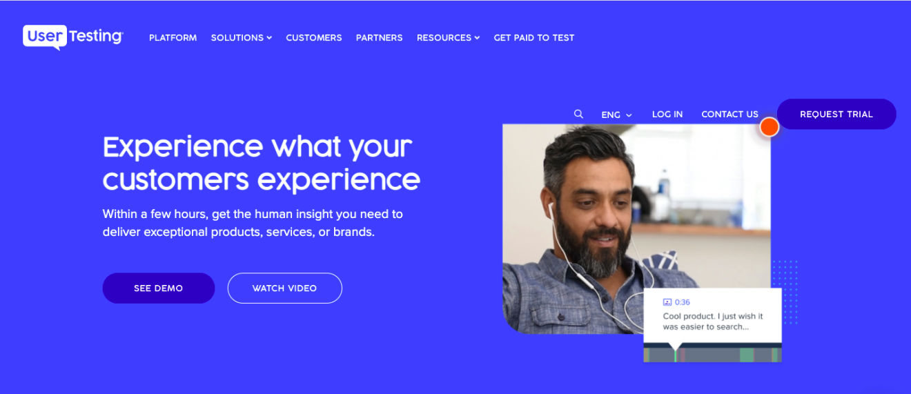 A screenshot of the homepage for the User Testing website.