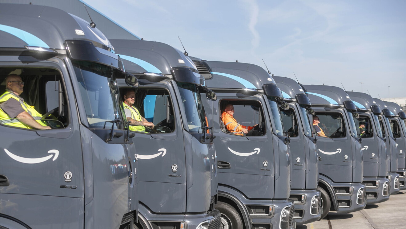 Amazon Electric Heavy Goods trucks in a row